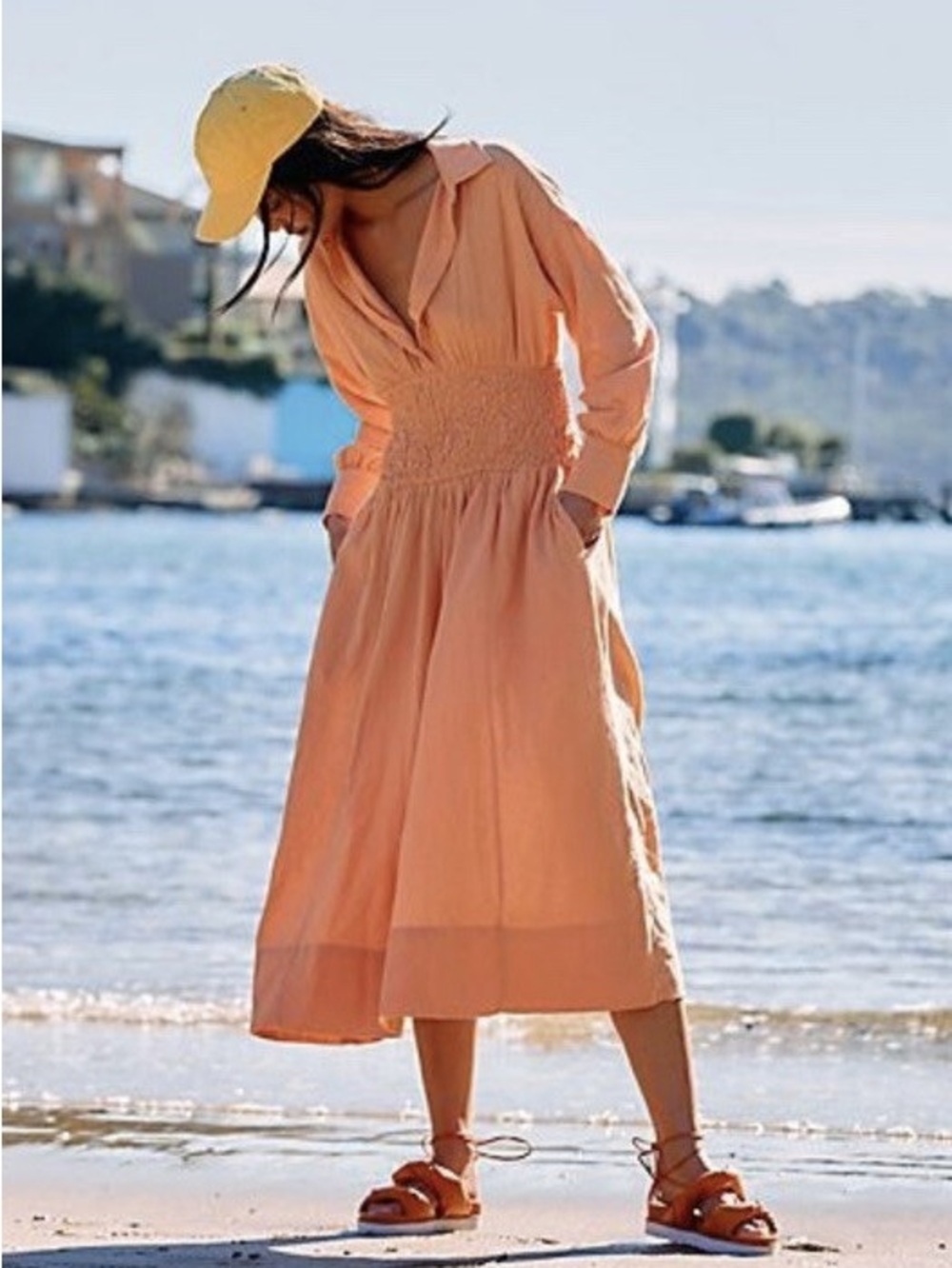 Free People Peach Button-Front Maxi Dress with Shirred Waist - Picture 3 of 14